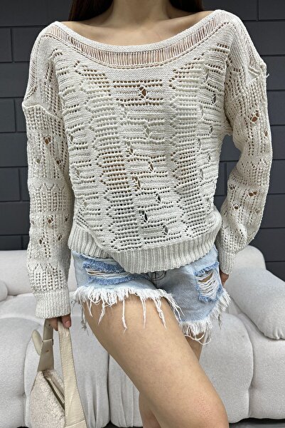 Cistern İstanbul Bluză de damă, crem, cu gât de barcă, ajurata, 2454