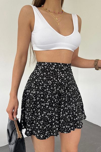 Cistern İstanbul Women's Black Ecru Viscose Fabric Summer Shorts Skirt 1905