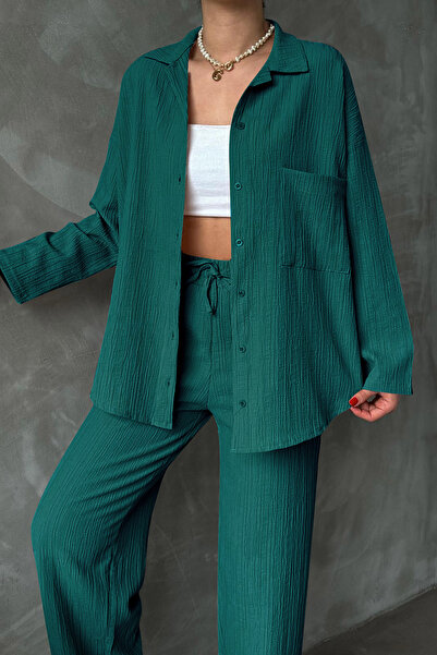 MILANOFOX Γυναικείο Σετ Μακρυμάνικο Πουκάμισο και Παντελόνι Crinkle Fabric