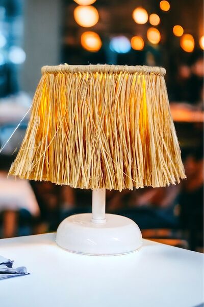 Bubihome Bohem Saçaklı Hasır Rafya Abajur, Kablosuz Pilli Mini Abajur, Beyaz Metal Ayaklı