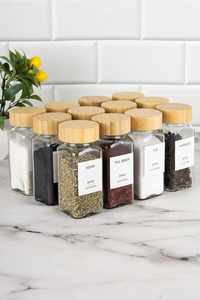 DNS HOME 12-Piece Bamboo Lid Glass Spice Holder Set with Label Glass Square Spice Holder