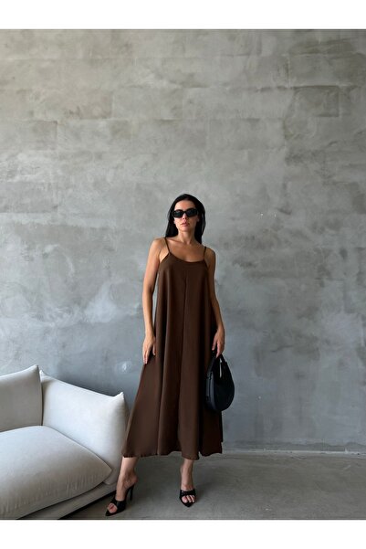 Gi Collection Kadın Keten Ayarlanabilir İp Askılı Midi Elbise