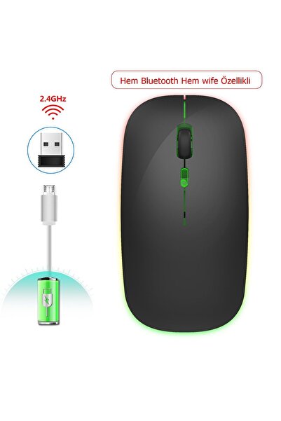 Tisul Siyah şarjlı mouse fare Bluetooth Ve Wife Şarjlı Kablosuz800/1200/1600dpi 2.4ghz Rgb Ledli Laptop