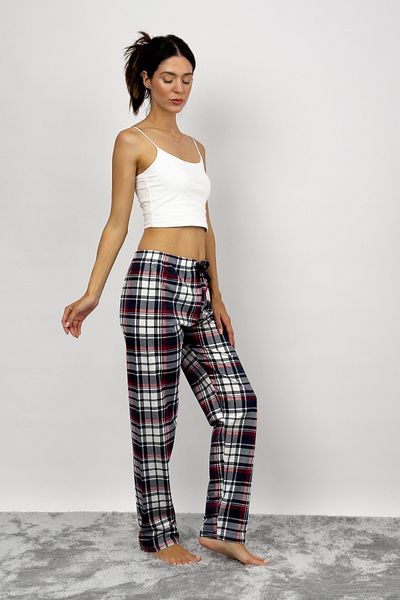 Betimoda Women's Cotton Plaid Patterned Pajama Bottoms Sweatpants with Ribbon Burgundy Navy Blue Square