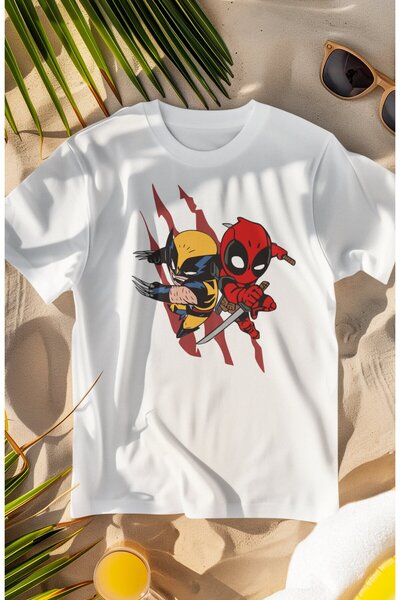 Fuddy Moda تي شيرت كبير الحجم مطبوع عليه Mini Deadpool وWolverine للجنسين