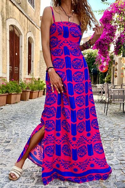 Güneşkızı Fuchsia Strappy Ribbed Slit Patterned Women's Long Dress BST3627