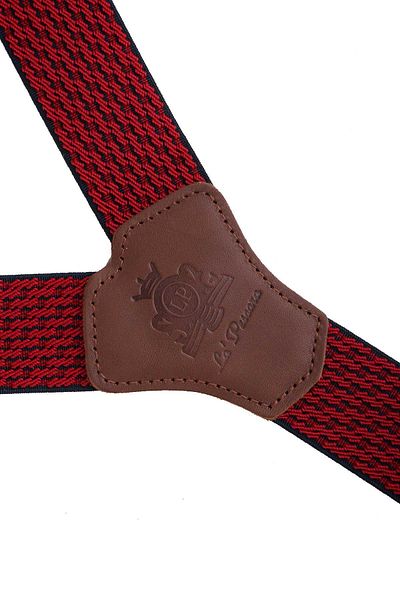 Kravatkolik Red Jacquard Leather Trouser Strap - Connected Button, Perforated PAN191