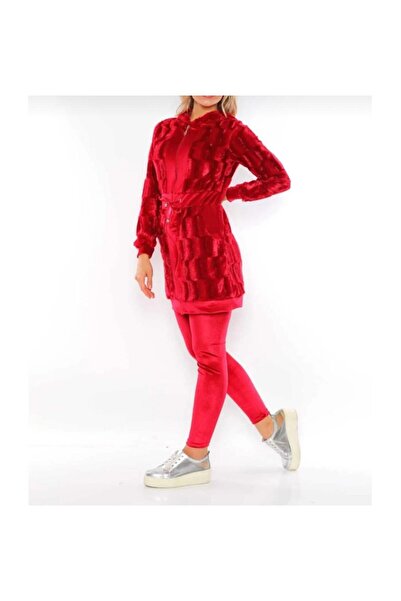 skycott kadın kadife peluş kombinli kapüşonlu tunik taytlı takım eşofman