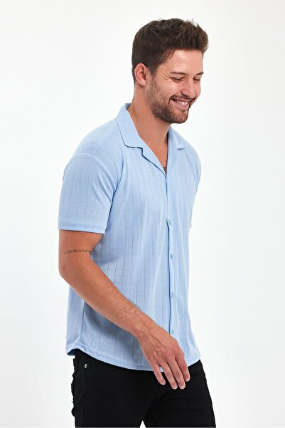 HAWKKİNG Light Blue Patterned Cotton Short Sleeve Men's Summer Shirt