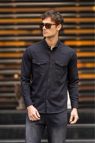 Decas Черна риза Slim Fit - Рокля с джоб тик-так и копчета