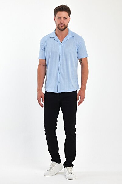 HAWKKİNG Light Blue Patterned Cotton Short Sleeve Men's Summer Shirt