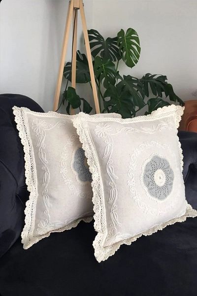 Calke Set de 2 huse de pernă din dantelă și broderie Authentic Buldan Work Linen Gri