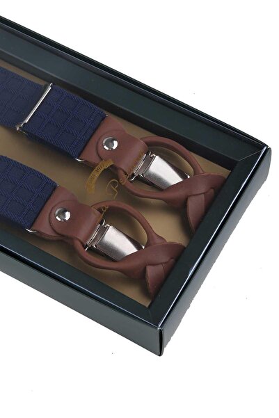 Kravatkolik Navy Blue Leather Jacquard Trouser Strap - Button Hole, Connected PAN174