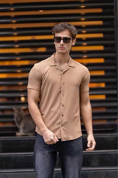 Decas Cămașă Bej GRAY SLIM FIT cu nasturi - Guler Apaç