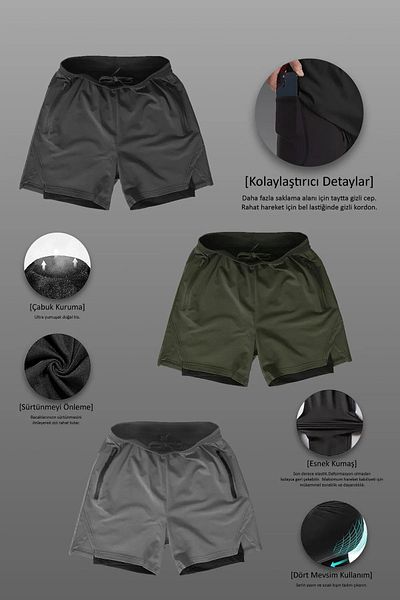 Man Of Man Pack of 3 Unisex Gym and Fitness Lined Tights Shorts with Hidden Pocket Detail