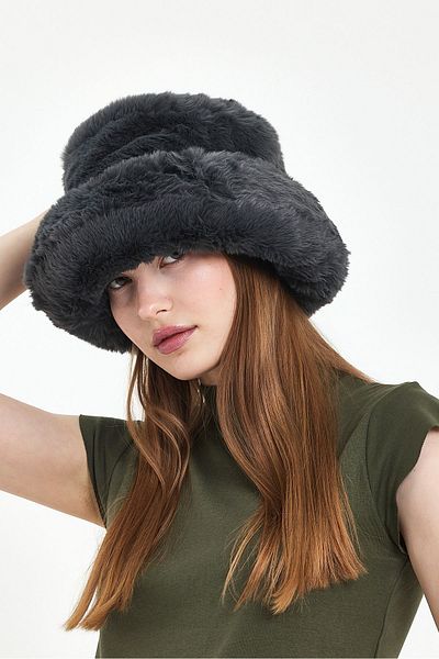 Fluffy Turkey Cupcake Winter Women's Trend Plush Grey Faux Fur Plush Bucket Hat (58-60 cm)