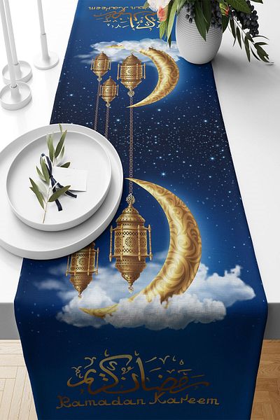 on the clouds Ramadan Mubarak - Μοτίβο μισοφέγγαρου φαναριού ανθεκτικό υφασμάτινο δρομέα για σαλόνι και τραπέζι κουζίνας