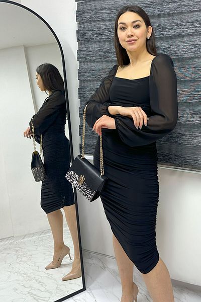 zks grup tekstil Γυναικείο φόρεμα με ντραπέ με τετράγωνο γιακά από τούλι - Μαύρο, Saks, Ροζ, Λιλά, Κόκκινο, Πούδρα