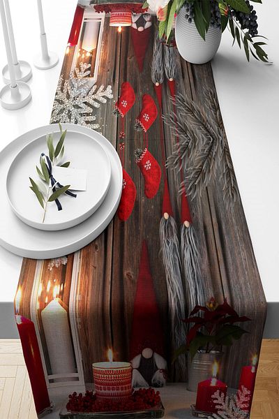 linazaitun Christmas Stocking - Candle, Wooden Themed Stain Resistant Fabric, Living Room and Kitchen Table, Different Ranir Models Runner