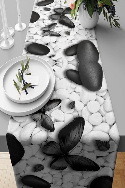 linazaitun Stone and Butterfly Patterned Stain Resistant Fabric Living Room Kitchen Table Changed Ranir Models Runner