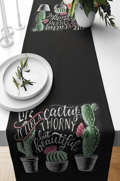 linazaitun Black Cactus Patterned Stain Resistant Fabric Living Room Kitchen ...