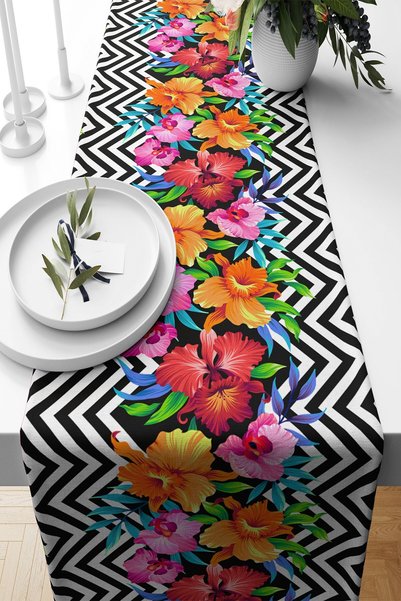 linazaitun Black Flower Stain Resistant Fabric Living Room Kitchen Table Chan...
