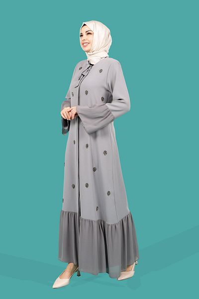 Beyza Gray Chiffon Detailed Jewelled Collar Ferace 3007