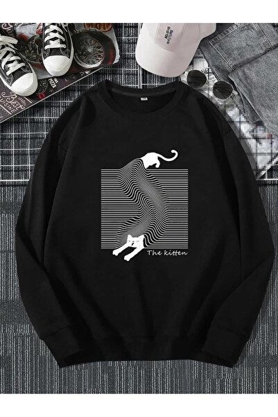 Toum سويت شيرت رمادي كبير الحجم للجنسين - مطبوع عليه قطة، رقبة دائرية