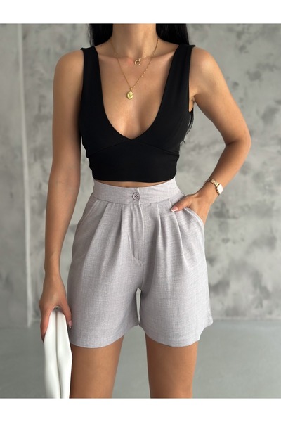 Winmoda34 Kadın Trend Keten Şort 2 Cep
