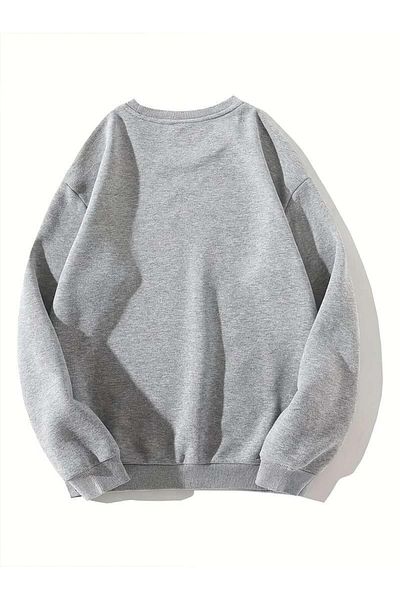 Touz Moda Γκρι Unisex Oversize Φούτερ - Μαύρη γάτα με στάμπα, Crew Neck
