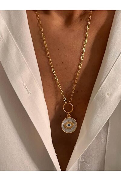 Rossetto Atelier Beyaz Mineli Göz Detaylı Kare Zincir Uzun Kolye