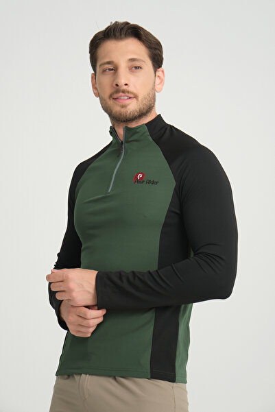 PEUR RIDER SHOP Ανδρικό μακρυμάνικο μπλουζάκι με μαύρο μανίκι και πράσινο γαρνιτούρα με φερμουάρ