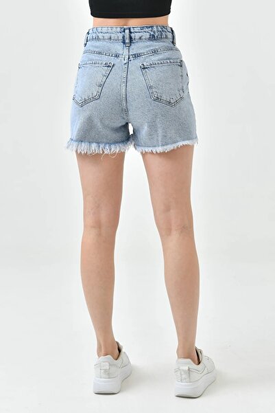 WOMAN VISION High Waist Lycra Free Light Blue Denim Shorts - Ripped Detail Jeans 70363