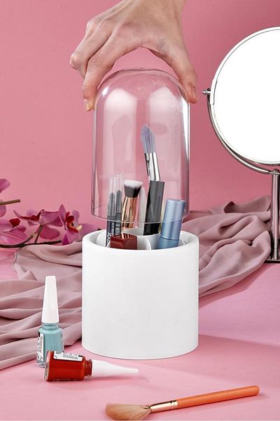 Bayev Tim SET DE 2 Pensule de machiaj albe și organizator pentru cosmetice Cutie organizatoare igienică cu capac transparent