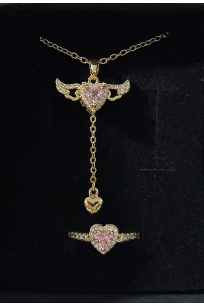 Vipfoni Kanatlı Kalp Çelik Kolye ve Gümüş Zirkon Ayarlanabilir Pandora Yüzük