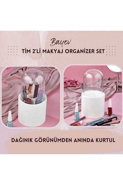 Bayev Tim SET DE 2 Pensule de machiaj albe și organizator pentru cosmetice Cutie organizatoare igienică cu capac transparent