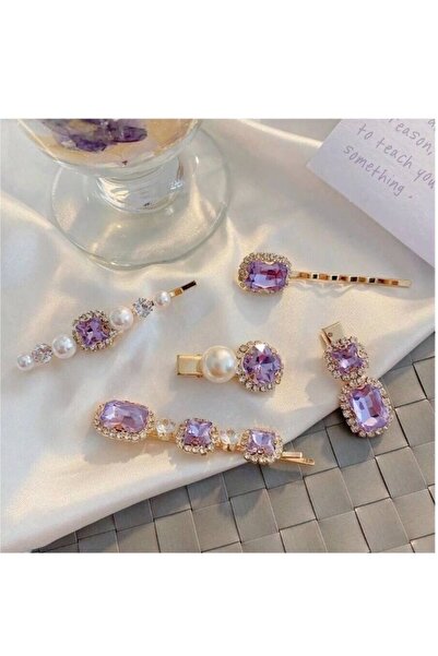 Cinderella 5'li Kadın Eflatun Renkli İnci Taşlı Toka Seti - Lüks Yan Çıtçıt K...