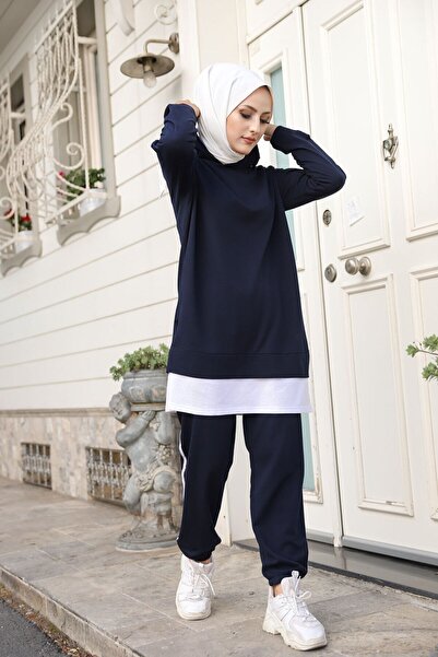 TOFİSA Sötétkék kapucnis galléros női tunika és nadrág - 8330