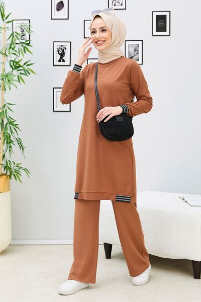 TOFİSA Women's Tan Tunic Trousers - Straight Crew Neck - 11352