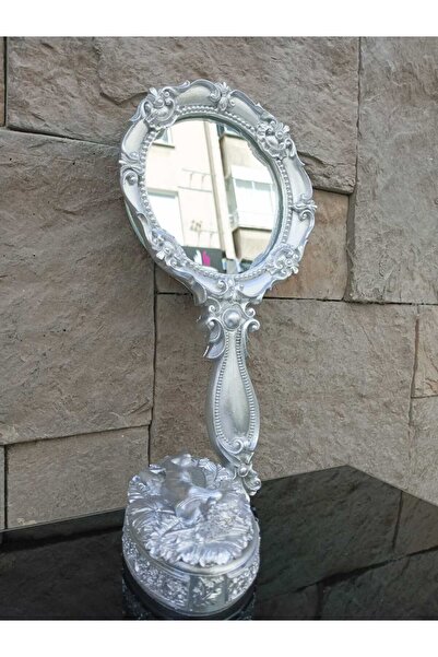 Peramari Dekoratif Polyester Takı Setli Makyaj El Aynası Gümüş