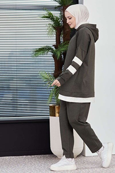 TOFİSA بنطلون تونيك نسائي كاكي - ياقة مستقيمة بغطاء للرأس - 3024