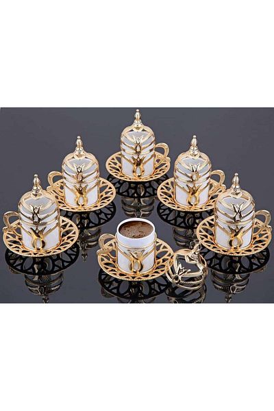 İnova Home Decor 6-Person Tulip Design - Gold Colored Turkish Coffee Cups