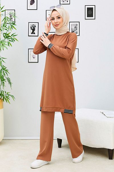 TOFİSA Women's Tan Tunic Trousers - Straight Crew Neck - 11352