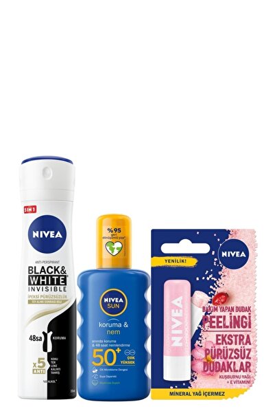 NIVEA Sun Koruma&nem Güneş Spreyi Spf 50 Kuşburnu Dudak Peeling B&w Kadın Deodorant 150 ml