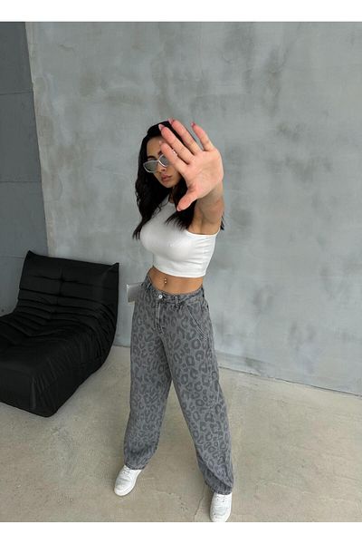Zeo Basic Pantaloni ZEO Basic Skater - Țesătură denim cu imprimeu leopard