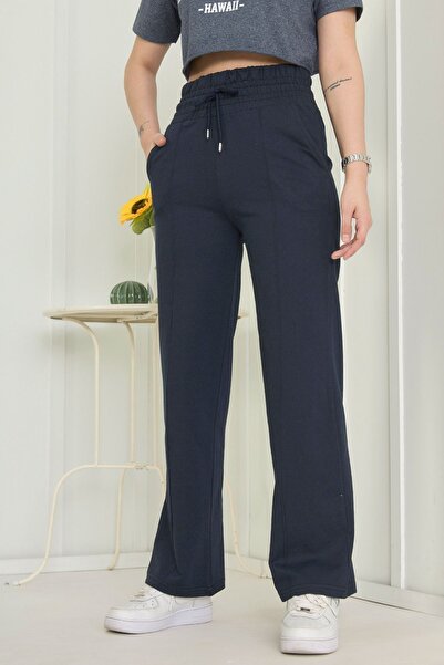TOFİSA 22383-DARK BLUE High Waist Wide Leg Sweatpants