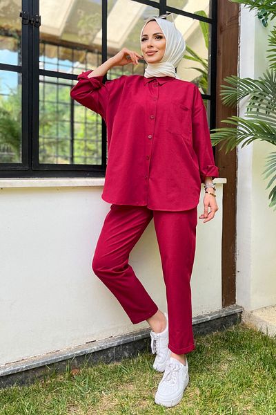 TOFİSA Women's Burgundy Tunic Trousers Straight Shirt Collar - 10563