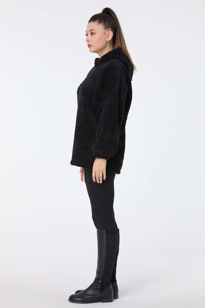 TOFİSA Women's Black Plush Sweat - Plain Hooded Collar - 13049