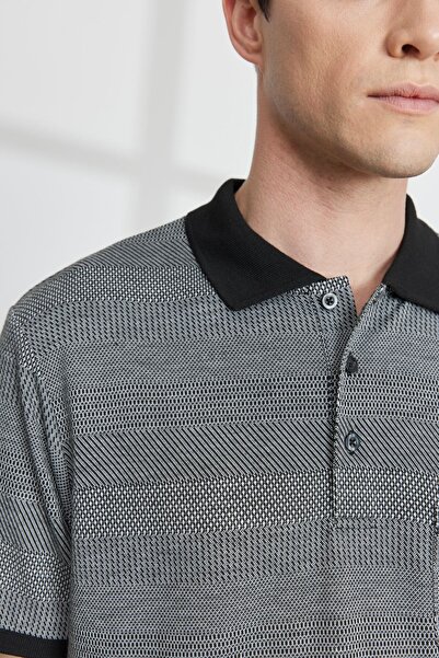 ALTINYILDIZ CLASSICS Men's Black Comfort Fit Polo Neck Jacquard T-Shirt
