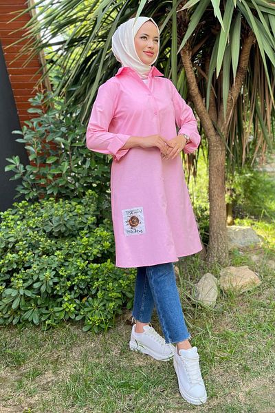 TOFİSA Pink Plain Shirt Collar Women's Tunic - 11466